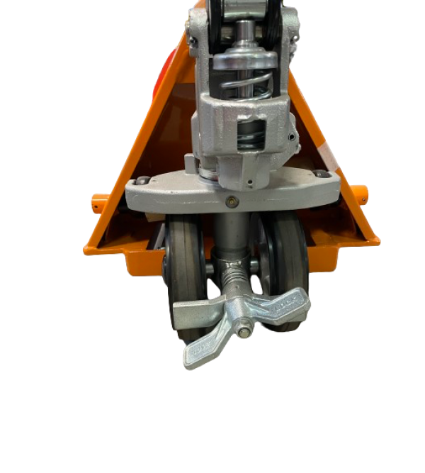 Transpallet compatto con forche corte da 80cm Portata 2500 Kg arancione 2 rulli con freno stazionamento